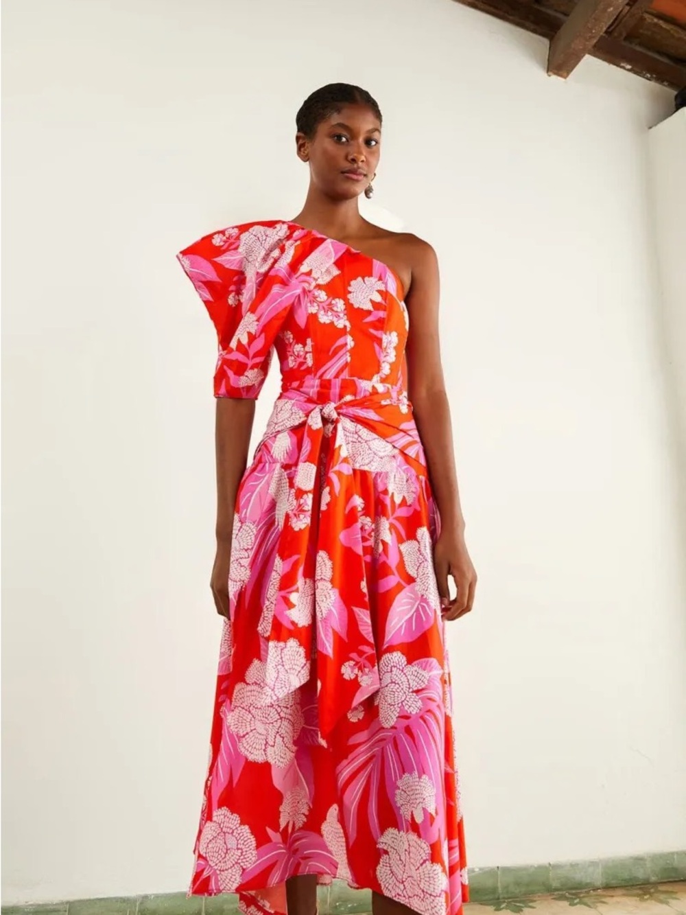 FARM RIO Red Dewdrop Floral Midi Dress